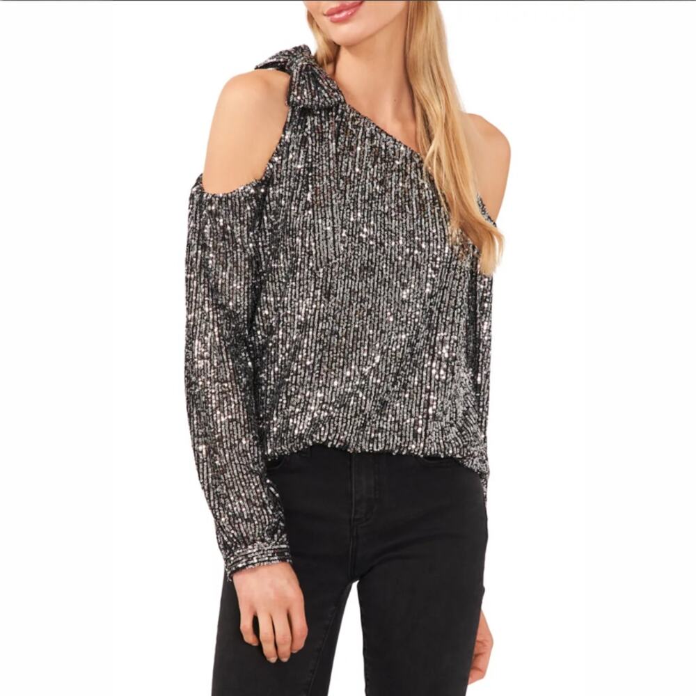NWT CeCe Charcoal Sequin Cold Shoulder Bow Top XL Party Holiday Glam Shimmer